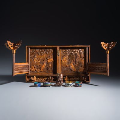 A Chinese wooden foldable coat rack, four cloisonné wares and a soapstone carving, 20th C.