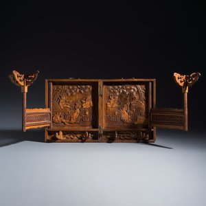 A Chinese wooden foldable coat rack, four cloisonné wares and a soapstone carving — photo 4