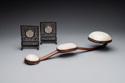 A Chinese wooden ruyi with white jade and a pair of table screens with jade, 19th C.
