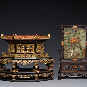 A Chinese wooden table screen with precious stones and an altar piece or 'chanab' for the Straits or Peranakan market, 19/20th C. — photo 1