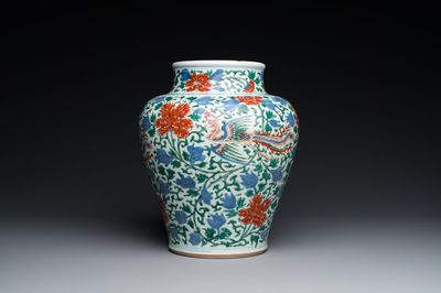 A Chinese wucai 'phoenix and peony scrolls' vase, Transitional period