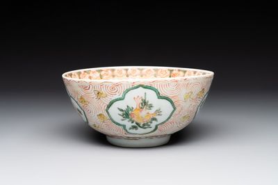 A Chinese wucai 'pomegranate, peony and rabbit' bowl, Transitional period
