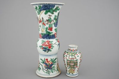 A Chinese wucai porcelain beaker vase and a smaller vase, Chongzhen (1628-1643), Transitional period