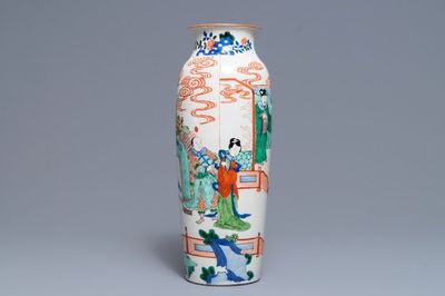 A Chinese wucai rouleau vase, 19th C.