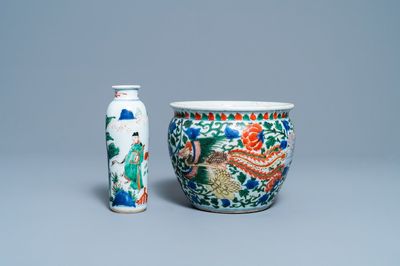 A Chinese wucai rouleau vase and a 'phoenix' censer, Transitional period