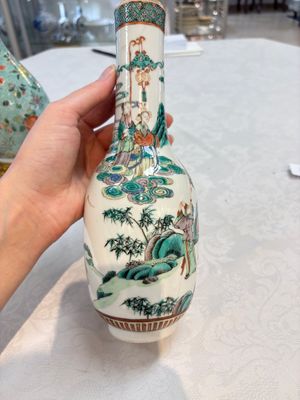 A Chinese wucai square covered container, a gilt bronze-mounted famille verte vase and a Canton famille verte bottle vase, Kangxi and later — photo 1