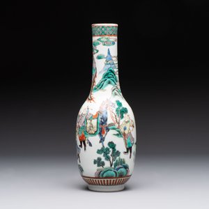 A Chinese wucai square covered container, a gilt bronze-mounted famille verte vase and a Canton famille verte bottle vase, Kangxi and later — photo 15