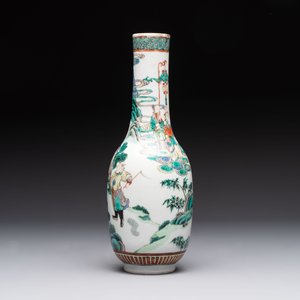 A Chinese wucai square covered container, a gilt bronze-mounted famille verte vase and a Canton famille verte bottle vase, Kangxi and later — photo 16