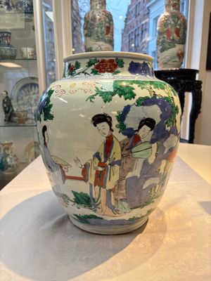 A Chinese wucai 'The Birthday Celebration of Xi Wang Mu' jar, Transitional period — photo 1