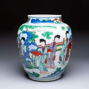 A Chinese wucai 'The Birthday Celebration of Xi Wang Mu' jar, Transitional period — photo 1