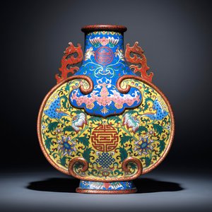 A Chinese yellow- and blue-ground cloisonné 'Shou' moonflask vase, 'bianhu', Jiaqing — 照片 1