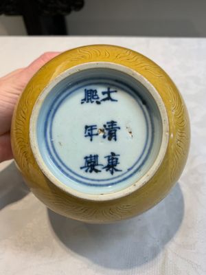 A Chinese yellow-glazed 'anhua' 'carp and lotus' bowl, Kangxi mark, 19th C. — photo 8