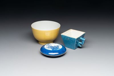 A Chinese yellow-glazed bowl, a robin's egg-glazed square cup and a powder-blue-ground seal paste box, 19/20th C.