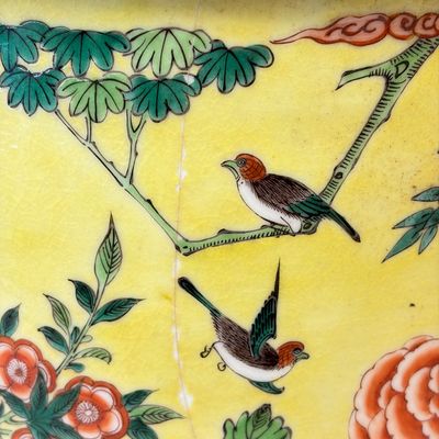 A Chinese famille verte yellow-ground 'Birds among Flowering Branches' jardinière — 照片 11