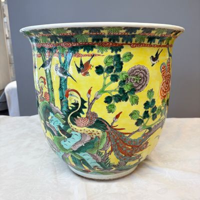 A Chinese famille verte yellow-ground 'Birds among Flowering Branches' jardinière — 照片 1