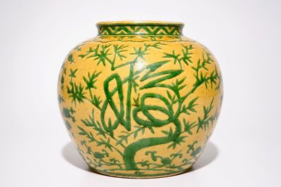 A Chinese yellow ground jar with green "Three friends of winter" design, marked Wanli, 19/20th C.
