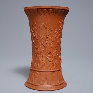 A Chinese Yixing stoneware beaker vase with applied floral design, Kangxi — photo 4