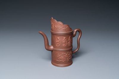 A Chinese Yixing stoneware 'Duomuhu' ewer with immortals, Kangxi