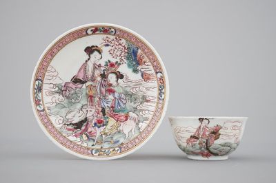A Chinese Yongzheng cup and saucer decorated with ladies and a goat, 1722-1735
