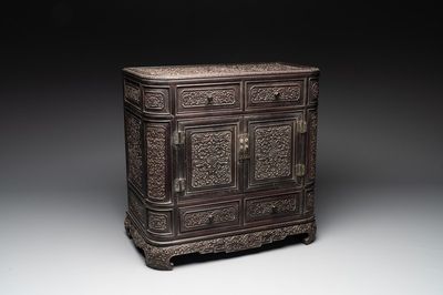 A Chinese zitan wood 'duo bao ge' cabinet of curiosities with carved floral design, 19th C.