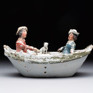 A cold-painted white Dutch Delft 'rowing boat' group, 18th C. — photo 1
