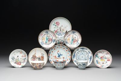 A collection of 12 pieces Chinese famille rose, vert and Imari-style cups and saucers, Yongzheng/Qianlong