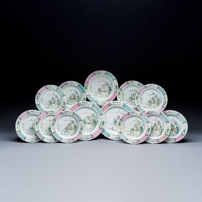 A collection of 13 Chinese famille rose 'Landscape' plates and dishes, Yongzheng