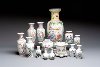 A collection of 13 Chinese famille rose vases and a jardinière, Qianlong mark, 20th C.