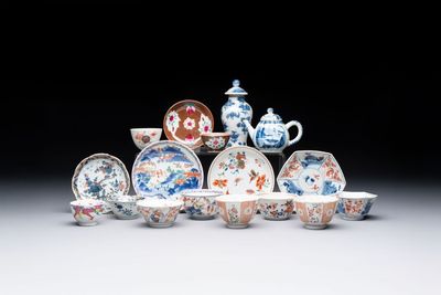 A collection of 17 Chinese blue, white and famille rose wares, Kangxi/Qianlong