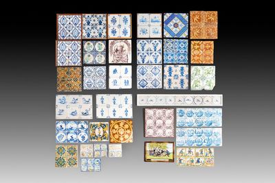 A collection of 172 mounted blue, white, polychrome and manganese tiles, The Netherlands, Flanders and Spain, 17th C. and later
