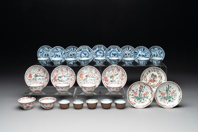 A collection of 36 pieces Chinese blue, white and famille rose cups and saucers, Yongzheng/Qianlong