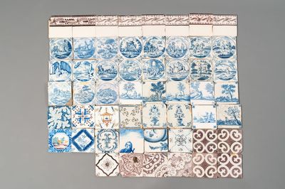 A collection of 54 blue, white, manganese and polychrome Dutch Delft tiles, 17/18th C
