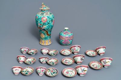 A collection of Chinese famille rose Peranakan or Straits market cups and saucers and a vase, 19th C.
