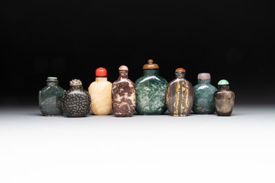 A collection of eight Chinese precious stone snuff bottles, 19/20th C.