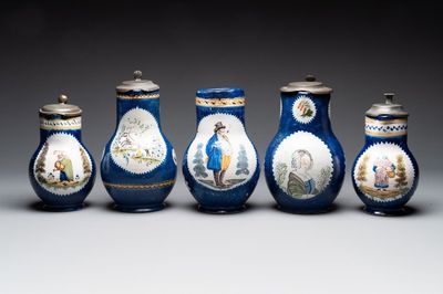 A collection of five polychrome Brussels faience jugs, some with pewter-mounts, 18/19th C.