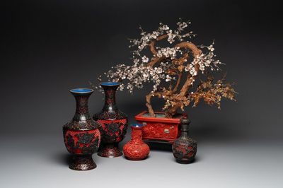 A collection of four Chinese lacquered enamel vases and a hardstone bonsai tree, 20th C.