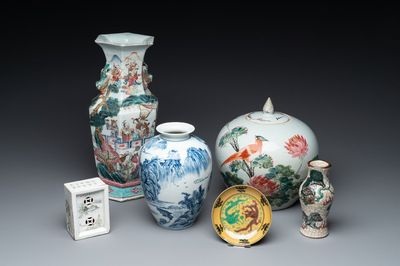 A collection of six Chinese blue and white, famille rose and verte wares, Kangxi and Tongzhi mark, 19/20th C.