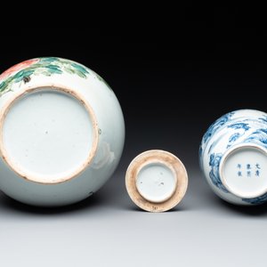 A collection of six Chinese blue and white, famille rose and verte wares, Kangxi and Tongzhi mark, 19/20th C. — photo 13