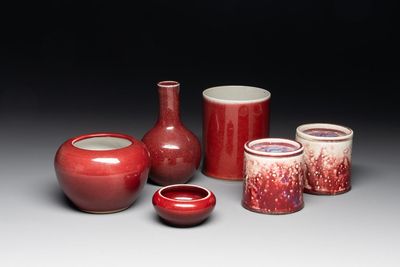 A collection of six Chinese copper-red-glazed and flambé-glazed wares, 19/20th C.