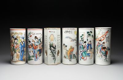 A collection of six Chinese famille rose hat stands, 19/20th C.