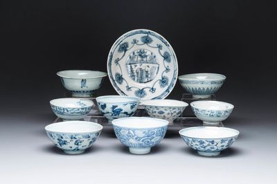 A collection of ten Chinese blue and white bowls, Ming