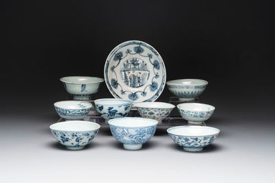 A collection of ten Chinese blue and white bowls, Ming