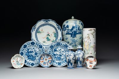 A collection of ten Chinese blue, white, famille rose and qianjiang cai wares, signed Yongzhen Shi 永真氏, 18/19th C.