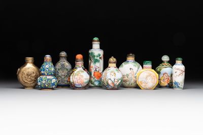 A collection of ten Chinese Canton enamel and porcelain snuff bottles, Qianlong mark, 19/20th C.