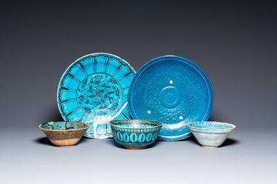 A collection of three turquoise-glazed bowls and two dishes, Middle-East, a.o. Kubachi, 13th C. and later