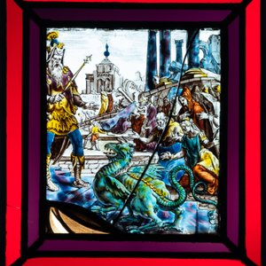 A composite stained and painted glass window mounted in lead alloy, France, 16/17th C. — photo 7