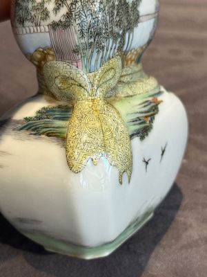 A compressed Chinese famille rose 'silk production' double-gourd vase, Republic — photo 12