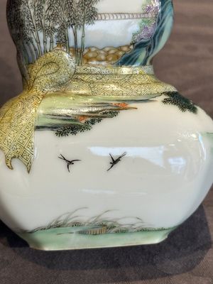 A compressed Chinese famille rose 'silk production' double-gourd vase, Republic — photo 13