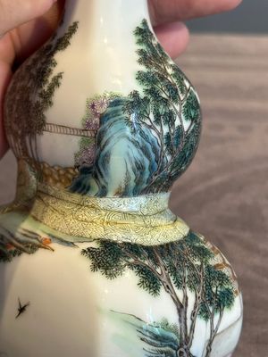 A compressed Chinese famille rose 'silk production' double-gourd vase, Republic — photo 14