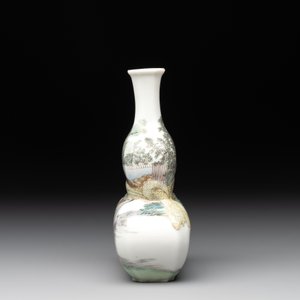 A compressed Chinese famille rose 'silk production' double-gourd vase, Republic — photo 3